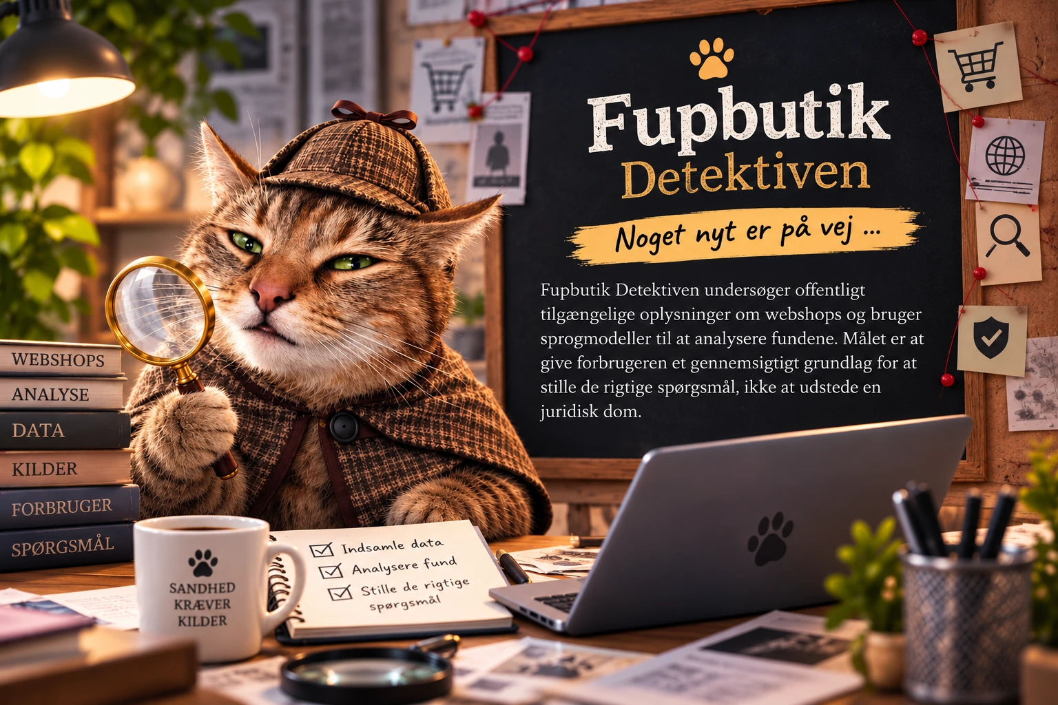 Fupbutik Detektiven, en katte-detektiv på kontoret med forstørrelsesglas. På tavlen står der, at noget nyt er på vej. Fupbutik Detektiven undersøger offentligt tilgængelige oplysninger om webshops og bruger sprogmodeller til at analysere fundene. Målet er at give forbrugeren et gennemsigtigt grundlag for at stille de rigtige spørgsmål, ikke at udstede en juridisk dom.